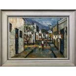 GLYNNE (20th Century South African) 'Street with figures', oil on board, signed, 34cm x 50cm,