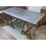 FARMHOUSE TRESTLE TABLE, French provincial style with rectangular zinc top on pine supports,