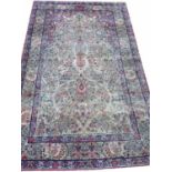 ANTIQUE SIGNED KERMAN LAVER RUG, 218cm x 135cm.