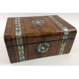 BOX, Victorian burr walnut with marquetry and mother of pearl inlay, green velvet lined interior,
