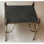OCCASIONAL/LAMP TABLE, Regency style silvered metal square leather insert and reeded supports,