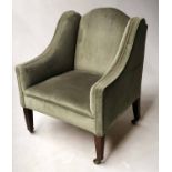 ARMCHAIR, Edwardian sage green velvet upholstered with shaped back and square tapering supports,