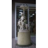 FIGURAL LAMP, early 20th century marble and alabaster depicting cupid and lion on painted plinth,