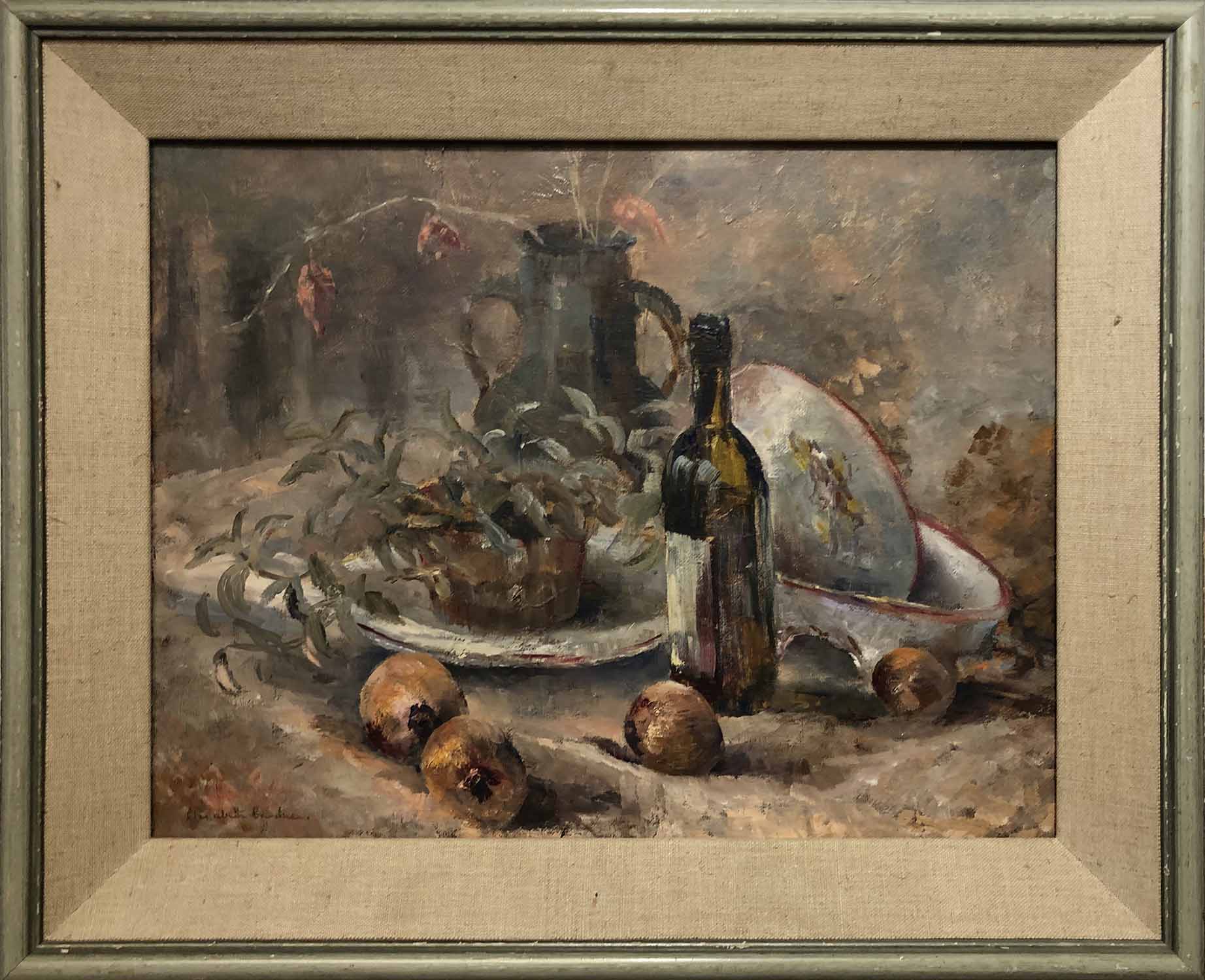 ELIZABETH GARDINER 'Still Life with Wine and Onions', oil on board, signed, 34cm x 44cm, framed.