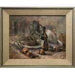 ELIZABETH GARDINER 'Still Life with Wine and Onions', oil on board, signed, 34cm x 44cm, framed.