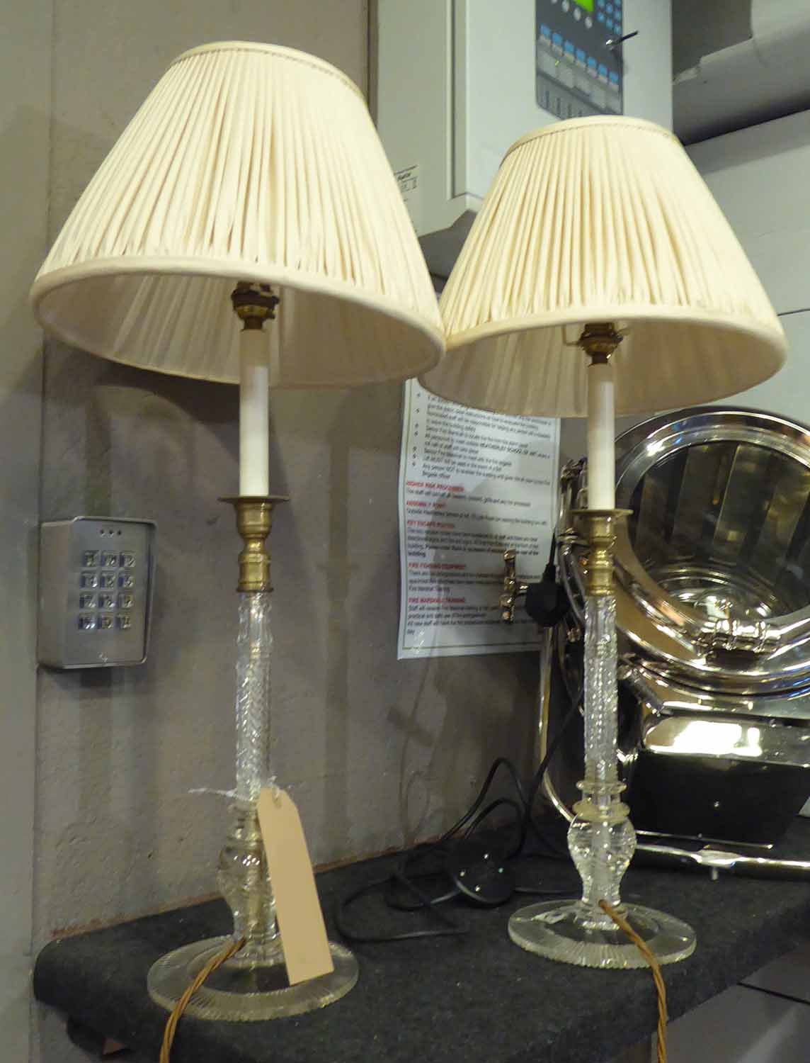 VAUGHAN COLESHILL CANDLESTICK TABLE LAMPS, a pair, with pleated shades, 67cm H.