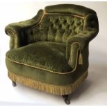HOWARD STYLE ARMCHAIR, Victorian walnut in green velvet with button upholstered arms,