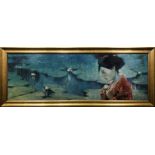 MID 20th CENTURY SCHOOL 'Geisha and Lilies', oil on canvas, 39cm x 120cm, framed.