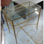 CONSOLE TABLE, bow fronted gilt metal with two tier glass shelves, 74cm x 44cm x 74cm H.