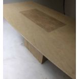 TRAVERTINE DINING TABLE, rectangular and bow sided on pillar support, 175cm x 95cm D x 77cm H.