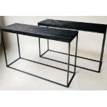 CONSOLE TABLES, a pair, contemporary metal framed with ebonised ash tops, 120cm x 36cm x 76cm H.