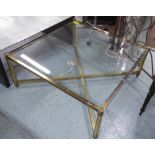 HOLLYWOOD REGENCY STYLE COCKTAIL TABLE, vintage gilt metal and glass, 100cm x 100cm x 42cm.