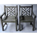 GARDEN ARMCHAIRS, a pair, weathered teak with cockpen pattern backs, 57cm W.