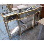 HOLLYWOOD REGENCY STYLE SIDEBOARD, mirrored with gilt accents, 140cm x 32cm x 90.5cm.