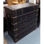 CAMPAIGN STYLE VANITY CHEST, with rise up top and drawers, 101cm x 49cm x 101cm.