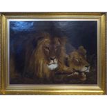 AFTER SIR EDWIN LANDSEER 'The Lions', oil on canvas, monogrammed GD, 47cm x 70cm, framed.