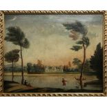 18th CENTURY SCHOOL 'Capriccio View with Elegant Figures Fishing at a Lakeside', oil on canvas,