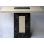 CONSOLE TABLE, rectangular laminated travertine with inset marble effect panels,