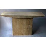 TRAVERTINE CONSOLE TABLE, 1970's rectangular with shaped frieze and square pillar support,