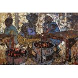PHIRIG 'African Figures Seated at a Brazier', oil on canvas, signed, 50cm x 77cm.