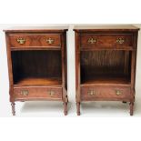 BEDSIDE/LAMP TABLES, a pair, George III design, burr walnut, each concave with two drawers,