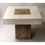 TRAVERTINE LOW TABLE, 1970's square travertine with rose granite inlay and plinth support,