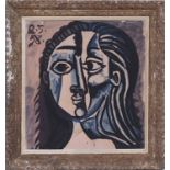 PABLO PICASSO 'Head of a Woman', on silk, 65cm x 60cm, framed and glazed.