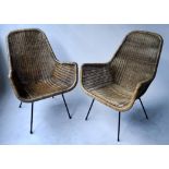 TERRACE ARMCHAIRS, 1970's Italian rattan basket armchairs with painted metal splay supports, 69cm W.