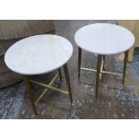 SIDE TABLES, a pair, 1970's Italian style, white marble tops, 43cm diam x 44cm.