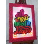 'ALL YOU NEED IS LOVE' BY BEE RICH, bespoke light up wall art, 108cm x 78cm.