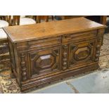 COFFER, William and Mary oak, ebonised and oyster veneered with hinged top and panelled front,