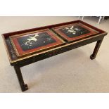 LOW TABLE, Japanese Shibayama panels in a painted red lacquer and gilt frame with glass top,