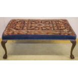 HEARTH STOOL, Georgian style mahogany with carpet and blue alcantara upholstery,