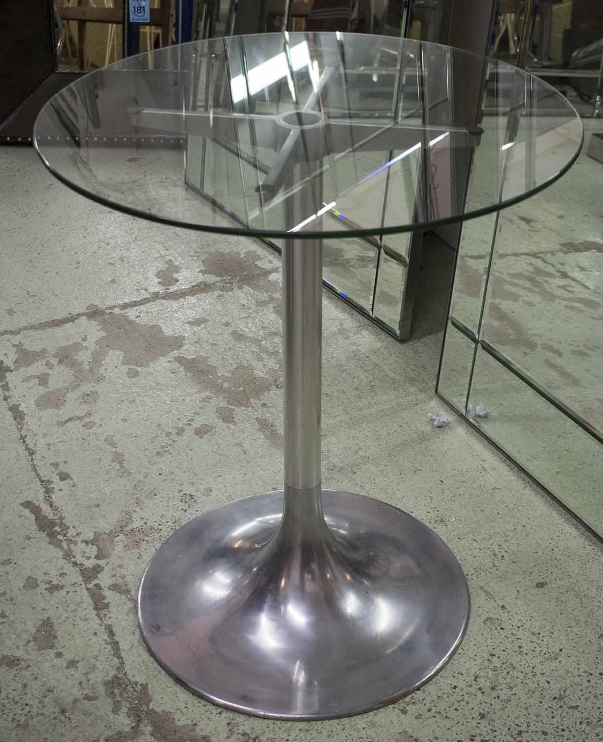 SIDE TABLE, Timothy Oulton style, aluminium with circular glass top, 72cm H x 63cm.