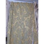 CURTAINS, a pair, gold damask, lined, each curtain 258cm W gathered by 323cm drop and another