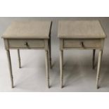 BEDSIDE LAMP TABLES, a pair, grey painted each with a frieze drawer and swept supports, 39cm x