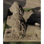 GARDEN LIONS, a pair, well weathered reconstituted stone recumbent lions, 80cm x 53cm H. (2)