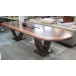 DINING TABLE, of substantial proportions, burr walnut with inlaid leaf border and smoked mirrored