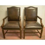 GAINSBOROUGH CHAIRS, a pair, Georgian style mahogany in close nailed dark brown leather. (2) (