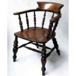 SMOKERS BOW ARMCHAIR, 19th century English ash and elm with bowed back, shaped seat and turned