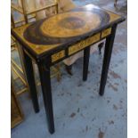 SIDE TABLE, ebonised with gilt painted and applied printed classical detail, 73cm H x 62cm x 31cm.