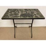 CONSOLE/CENTER TABLE, mid 20th century French wrought iron base with a terrazzo and verde antico