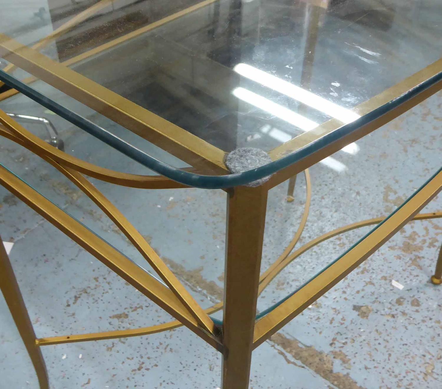 CONSOLE TABLE, bow fronted gilt metal with two tier glass shelves, 74cm x 44cm x 74cm H. - Image 2 of 2