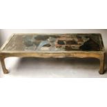 LOW TABLE, rectangular antique Chinese incised and painted panel within a gilt slip and glazed and