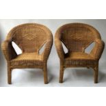 CANE ARMCHAIRS, a pair, with patterned rattan bow backs, 72cm W. (2)