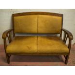 SETTEE, teak and stitched tan leather, 112cm W.