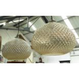 CEILING PENDANTS, a pair, contemporary faceted glass shades, 86cm drop approx. (2)