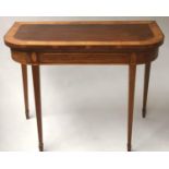 CARD TABLE, George III D shaped figured mahogany and satinwood crossbanded with baize lined foldover