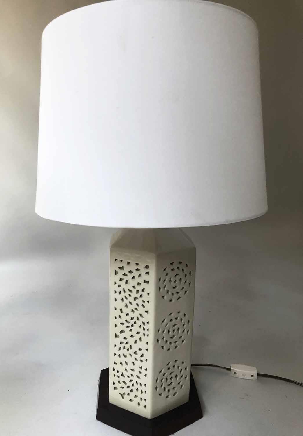 RETICULATED LAMPS, a pair, Chinese hexagonal pierced ivory coloured ceramic on wooden stands, 70cm H - Image 3 of 4