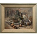 ELIZABETH GARDINER 'Still Life with Wine and Onions', oil on board, signed, 34cm x 44cm, framed.